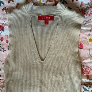 tan guess mock sweater tank with cut out on chest